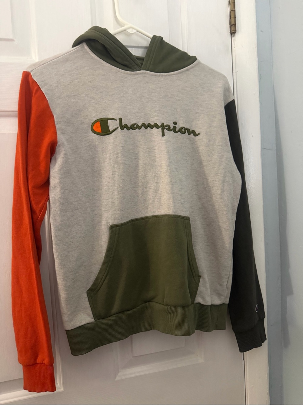 Champion Colorblock Logo Hoodie XL Olive Orange Gray Pullover